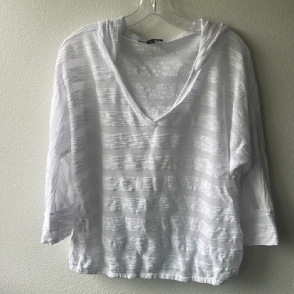 INC top white striped sheer hooded top size XL